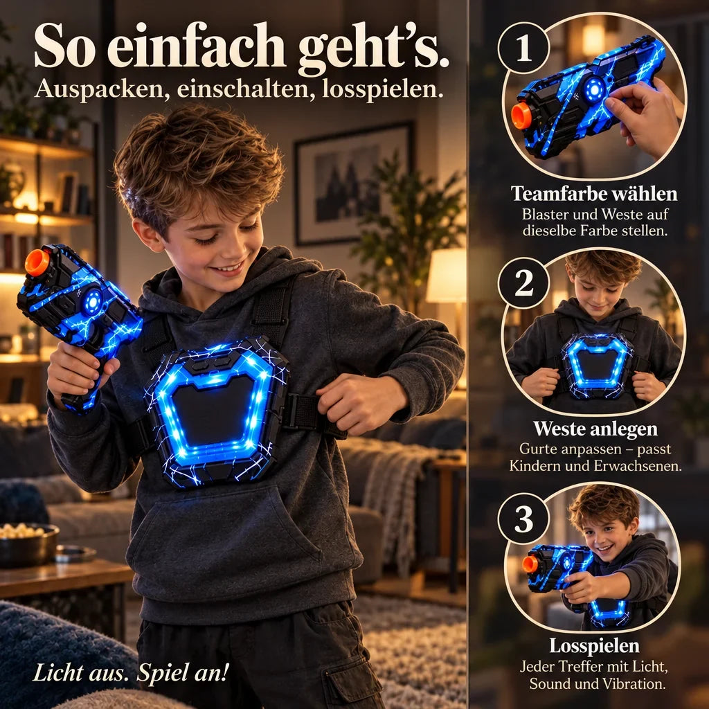 Licht Gefecht – Laser Tag Set für Zuhause | 4 Blaster + 4 Westen