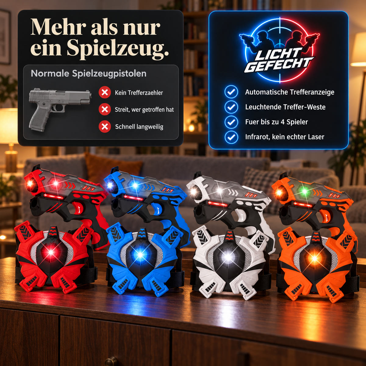 Licht Gefecht Laser Tag Set: 4 Infrarot-Blaster und 4 Sensor-Westen in Rot, Blau, Weiß und Orange