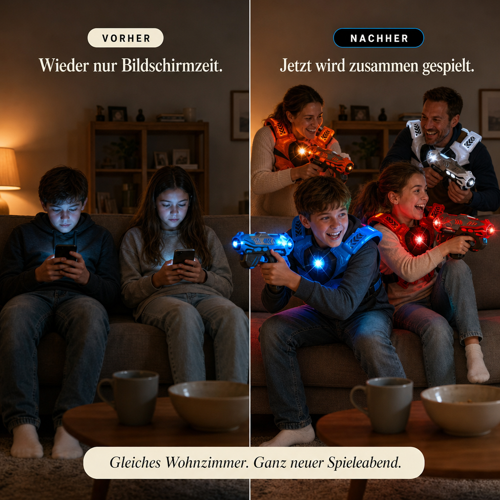 Licht Gefecht – Laser Tag Set für Zuhause | 4 Blaster + 4 Westen